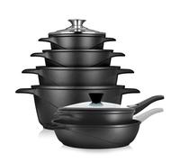 briebe Batería Cocina Inducción 12 Piezas, Juego 4 Ollas Aluminio Fundido + 2 Sartenes, Antiadherente ILAG GRANITEC sin PFOA, Set Cazuelas Tapas Cristal, Guantes Silicona, Vitrocerámica, Gas, Horno