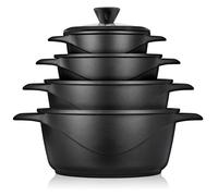 briebe Batería Cocina Inducción 8 Piezas, Juego 4 Ollas Aluminio Fundido, Antiadherente ILAG GRANITEC sin PFOA, Set Cazuelas Tapas Cristal, Guantes Silicona, Vitrocerámica, Gas, Horno.