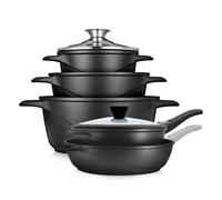 briebe Batería Cocina Inducción 10 Piezas, Juego 3 Ollas Aluminio Fundido + 2 Sartenes, Antiadherente ILAG GRANITEC sin PFOA, Set Cazuelas Tapas Cristal, Guantes Silicona, Vitrocerámica, Gas, Horno