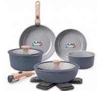 briebe Nest Batería Cocina Inducción Cerámica Mango Extraíble Apilable | 13 Piezas Antiadherente Suizo ILAG, 3 Sartenes, 2 Cacerolas Aluminio Fundido, sin PFOA, Vitrocerámica, Diseño Nórdico