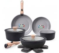 briebe Nest Batería Cocina Inducción Cerámica Mango Extraíble Apilable | 13 Piezas Antiadherente Suizo ILAG, 3 Sartenes, 2 Cacerolas Aluminio Fundido, sin PFOA, Vitrocerámica, Diseño Nórdico