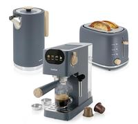 briebe Nordic Set Cafetera Espresso 20 Bares Cápsulas y Café Molido + Hervidor Agua Eléctrico 1,7L Inalámbrico 2200W + Tostadora Ranura Ancha 2 Rebanadas, Pack Desayuno Diseño Nórdico (Gris)