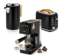 briebe Nordic Set Cafetera Espresso 20 Bares Cápsulas y Café Molido + Hervidor Agua Eléctrico 1,7L Inalámbrico 2200W + Tostadora Ranura Ancha 2 Rebanadas, Pack Desayuno Diseño Nórdico (Negro)