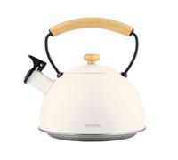 briebe Nordic Tetera Inducción Silbante 2,3L, Infusiones, Hervidor de Agua Acero Inoxidable, Todo Tipo de Cocinas, Vitrocerámica, Gas, Mango Madera Tacto Frío, Tea Pot, Blanco