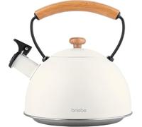 briebe Nordic Tetera Inducción Silbante 2,3L Hervidor Agua Acero Inoxidable | Infusiones Todo Tipo de Cocinas, Vitrocerámica, Gas, Mango Madera Tacto Frío, Tea Pot Blanco