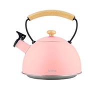 briebe Retro Tetera Inducción Silbante 2,3L, Infusiones, Hervidor de Agua Acero Inoxidable, Todo Tipo de Cocinas, Vitrocerámica, Gas, Mango Madera Tacto Frío, Diseño Vintage, Tea Pot, Rosa Pastel