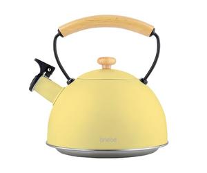briebe Retro Tetera Inducción Silbante 2,3L, Infusiones, Hervidor de Agua Acero Inoxidable, Todo Tipo de Cocinas, Vitrocerámica, Gas, Mango Madera Tacto Frío, Diseño Vintage, Tea Pot, Amarillo Pastel