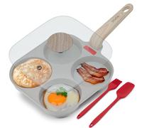 briebe Sartén Inducción Tortitas, 4 Huevos Fritos o Poché, Tapa Vidrio, Sartén Aluminio Antiadherente Granite Stone Libre de PTFE y PFOA, Apta todas Cocinas, Incluye Espátula y Pincel Silicona