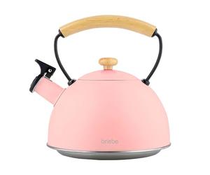 briebe Tetera Retro Inducción Silbante 2,3L Hervidor Agua Acero Inoxidable | Infusiones Todo Tipo de Cocinas, Vitrocerámica, Gas, Mango Madera Tacto Frío, Tea Pot Rosa Pastel