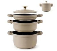 briebe Totem Batería Cocina Apilable Inducción Antiadherente Cerámico | 4 Piezas, Sartén, 2 Cacerolas Ø 22cm Aluminio Fundido, sin PFOA, Todas Cocinas, Crema