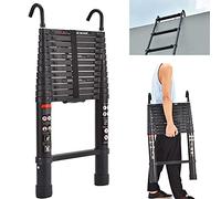 BRIEFNESS Escalera telescópica de 3,8 m con gancho desmontable, de aluminio, resistente, extensible, multiusos, capacidad de 330 libras, aprobada por la seguridad EN131, color negro