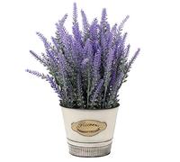 Briful Flores artificiales de lavanda artificiales, flores artificiales flocadas de lavanda de plástico en maceta de metal galvanizado para interior y exterior, hogar, cocina, oficina, decoración de