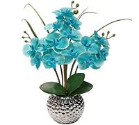 Briful Flores artificiales de orquídea de seda de 20.8 pulgadas en maceta de cerámica plateada, flores de seda, plantas de orquídea azules artificiales para boda, mesa de centro, decoración del hogar