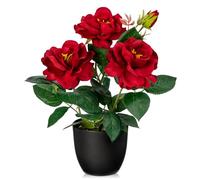 Briful Flores artificiales, rosas artificiales, flores artificiales, como flores rojas reales, rosal, altura 28 cm, en maceta, pequeñas flores de primavera, decoración para baño, oficina, hotel