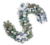 Briful Guirnalda de Navidad de 6 pies con cinta de terciopelo, guirnalda artificial de invierno con piñas naturales, racimos de bayas, bolas de Navidad azules para decoraciones de Acción de Gracias y
