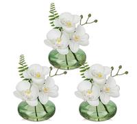 Briful Juego de 3 flores artificiales de orquídeas artificiales, flores decorativas con jarrón de cristal, planta artificial para salón, fiesta, oficina, baño