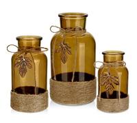 Briful Juego de 3 jarrones de cristal de varios tamaños envueltos con cuerda de yute, jarrón de vidrio ámbar con jarrón de cristal de hoja de arce realista para flores florero para decoración de mesa