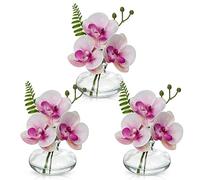 Briful Juego de 3 orquídeas artificiales en jarrón de cristal, orquídeas rosas artificiales en agua sintética, flores artificiales para decoración, baño, oficina