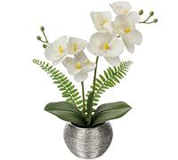 Briful Orquídeas Artificiales Blancas, Flores de Tacto Real, Tallos de Falaenopsis en Maceta de Cerámica Plateada, para Mesa de Boda y Centro de Mesa