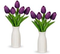 Briful Paquete de 2 tulipanes artificiales con jarrón de cerámica, flores artificiales moradas, tulipanes de espuma de poliéster de tacto real, flores artificiales en jarrón para decoración del hogar,