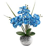 Briful Planta artificial de orquídea de seda de 20.8 pulgadas en maceta de cerámica plateada para boda, comedor, centro de mesa, decoración del hogar, flor falsa realista (azul cielo)