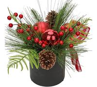 Briful Planta artificial, decoración navideña, planta artificial, arreglo de Navidad en maceta de cerámica con ramas de abeto, bolas de bayas, piñas, planta decorativa, planta de interior, decoración