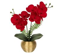 Briful Plantas artificiales de orquídeas de terciopelo rojo, flores de seda - Tallos artificiales de Phalaenopsis en maceta de cerámica dorada - Flores de orquídea falsas para decoración del hogar