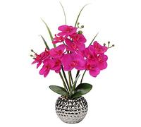 Briful Plantas artificiales de orquídeas moradas de 20.8 pulgadas, flores artificiales para decoración del hogar, tacto real, en maceta plateada de cerámica, orquídeas artificiales para centro de mesa