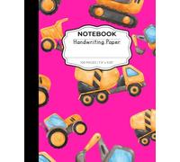 Bright Pink Construction Trucks Notebook, Handwriting Practice Paper with Wide Lines and Dotted Center Line for Writing Practice, Excavator, Dump Truck, Mixer Truck, 100 pages, 7.5 x 9.25 inches