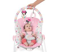 Bright Starts Disney Baby - Hamaca mecedora Minnie Mouse Forever Besties, Silla con vibraciones relajantes, arco de juego, 2 juguetes, arnés de 5 puntos, Rosa, 0 a 30 meses, hasta 18 kg