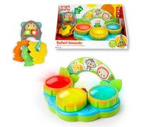 Bright Starts, Safari Sounds Set de regalo, 2 juguetes para bebés portátiles: tambor musical y juguete de llaves de coche con sonidos de auto, tema de selva unisex, 3-6 meses