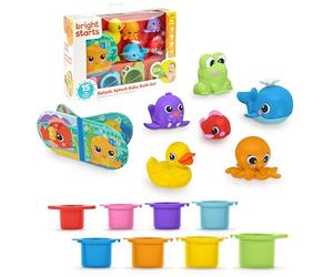 Bright Starts, Surtido de juguetes de baño Splash Baby de 15 piezas - Libro impermeable, Pato, Juguetes de animales y cubos apilables, Unisex, a partir de 6 meses