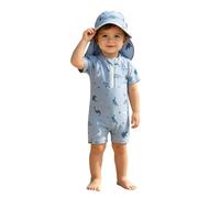 Bright Summer Baby Swimwear : Full Print Cartoon Dinosaur Long Sleeve Zip Jumpsuit with Cap Two Piece Swim Outfit (Blue-e, 18-24 Months)