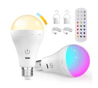 BrightArk Bombilla Recargable USB, E27 Bombilla LED con Mando, RGB 12+3 Temperaturas de Color Bombillas Recargable con Función de Tiempo, Luz de Emergencia para Hogar y Exterior (pack de 2)
