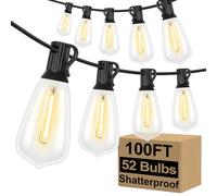 Brightever LED Outdoor String Lights 100FT Patio Lights with 52 Shatterproof ST38 Vintage Edison Bulbs, Outside Hanging Lights Waterproof for Porch, Deck, Garden, Backyard, Balcony, 2700K Dimmable