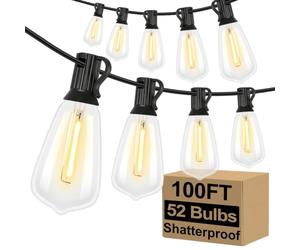 Brightever LED Outdoor String Lights 100FT Patio Lights with 52 Shatterproof ST38 Vintage Edison Bulbs, Outside Hanging Lights Waterproof for Porch, Deck, Garden, Backyard, Balcony, 2700K Dimmable