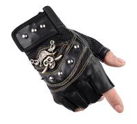 BrightGlow Guantes punk sin dedos con remaches para hombre, guantes de piel sin dedos, con esqueleto, guantes de ciclismo sin dedos, piel sintética, medio dedo, steampunk, góticos, Negro , Talla