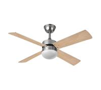 Brightium Ventilador DC con 4 aspas, reverso, mando a distancia, temporizador, acabado níquel y madera clara, ideal para refrescar espacios.