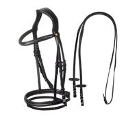 Briglia inglese in pelle con clincher nero sulla capezzina e sul frontalino Eque