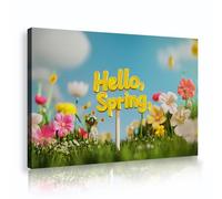 Brillante primavera con lienzo floral arte mural cielo azul vibrante y campos verdes Decoración mural Alegre impresión de lienzo natural para el interior de la habitación del bebé 70x105cm