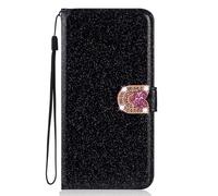 Brillantini - Funda para Samsung Galaxy A40, con Purpurina, Color Negro Brillante, Carcasa de Piel sintética y Purpurina Brillante 3D Corazón Botón con pedrería para Samsung Galaxy A40