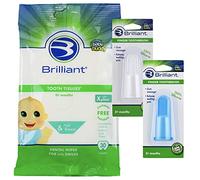 Brilliant Bundle - Pañuelos de dientes para bebés, 30 unidades, y cepillos de dientes de silicona para dedos, 3 meses en adelante, 2 cepillos (azul, transparente), limpieza de encías infantiles esenciales