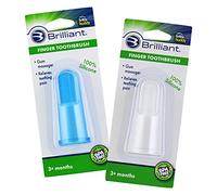 Brilliant Cepillo de dientes de dedo para bebé, masajeador de goma de silicona y cepillo de mordedor para bebés y niños pequeños de 3 meses en adelante, azul/transparente, 2 unidades