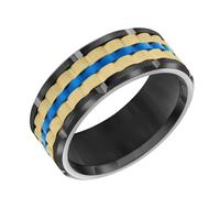 Brilliant Expressions Anillo de boda de carburo de tungsteno de 9 mm para hombre, diseño de tejido de cesta negro, amarillo y azul, anillo de ajuste cómodo, Carburo de tungsteno, Sin piedra preciosa