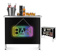 BRILLIHOOD Mesa de bar portátil de doble estante con letrero de neón espejado, barra, letrero de luz LED y estación móvil de camarero de 2 niveles para exteriores, fiestas, eventos, patio, falda negra