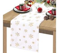 BrillShine Camino de mesa de Navidad, color blanco y dorado, diseño de copo de nieve, de piel sintética, moderno, decoración navideña (35 x 120 cm)
