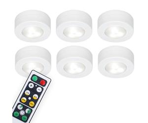 Briloner Leuchten - Set de 6 bombillas LED para armario con control remoto, regulables, luz funcional, luz de noche para dormitorios con temporizador y con cinta adhesiva 3M, en blanco