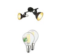 Briloner Pack: Lámpara de Techo Vintage 2xE14 Negro/Oro + 2 Bombillas LED Filamento E14 4W Luz Cálida 840 lm - Iluminación Interior para Salón, Dormitorio, Hogar