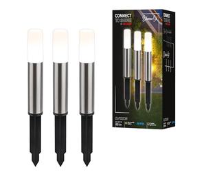 BRILONER - Sistema de jardín Connect to Shine de 12 V, juego de 3 bolardos LED con estaca, juego de extensión, IP44, luz blanca cálida, iluminación de jardín, luces de camino, 36,5x4 cm, plateado