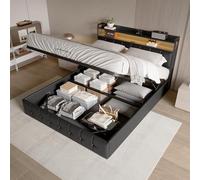 BRILVERDE Cama 160x200 cm con Canapé Abatible Hidráulico, LED Integrado y Puertos USB/USB-C, Gran Espacio de Almacenaje, Cabecero con Almacenamiento, Tapizada en PU Negro